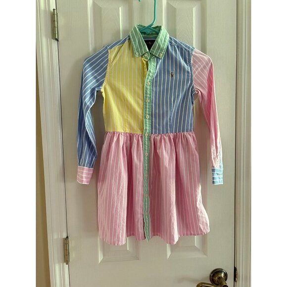 Ralph Lauren Girls Dress Colorful Striped Button Down Dress - Picture 1 of 3